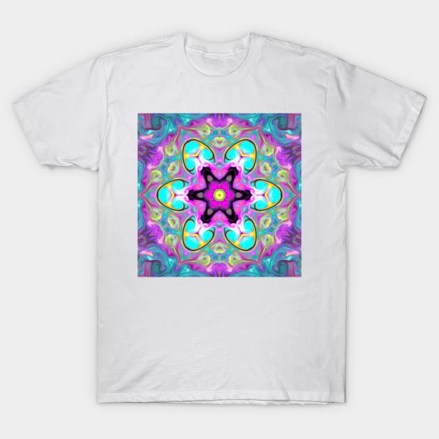 Psychedelic Mandala Flower Blue Pink and Yellow T-Shirt by WormholeOrbital